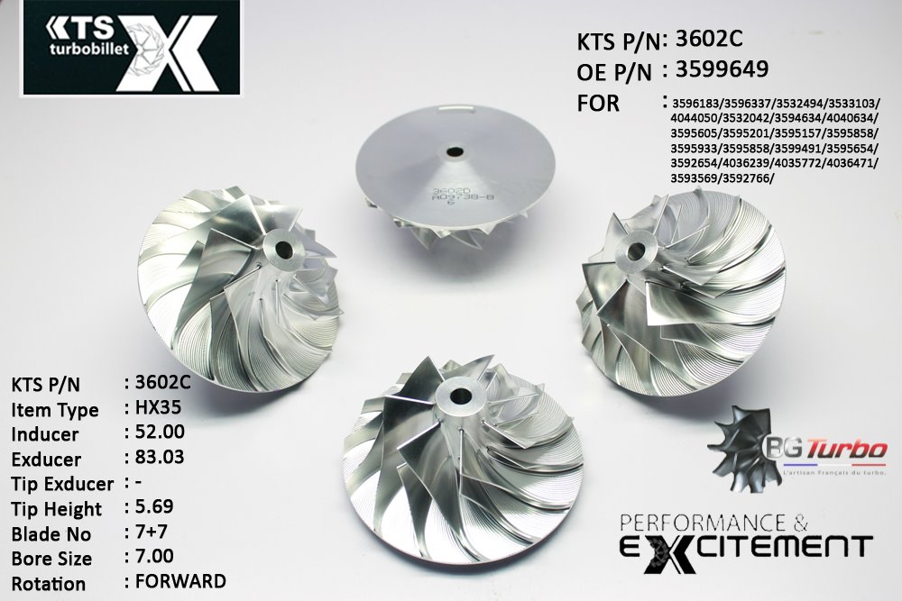 Turbo ROUE FORGÉE MFS PERFORMANCE - 7+7 PALES - INDUCER : 51,95 - EXDUCER : 83,03 - TYPE : HX35ANGLE : 50° - ROTATION : Forward - SUPER BACK : 5,01 - BORE SIZE : 7

